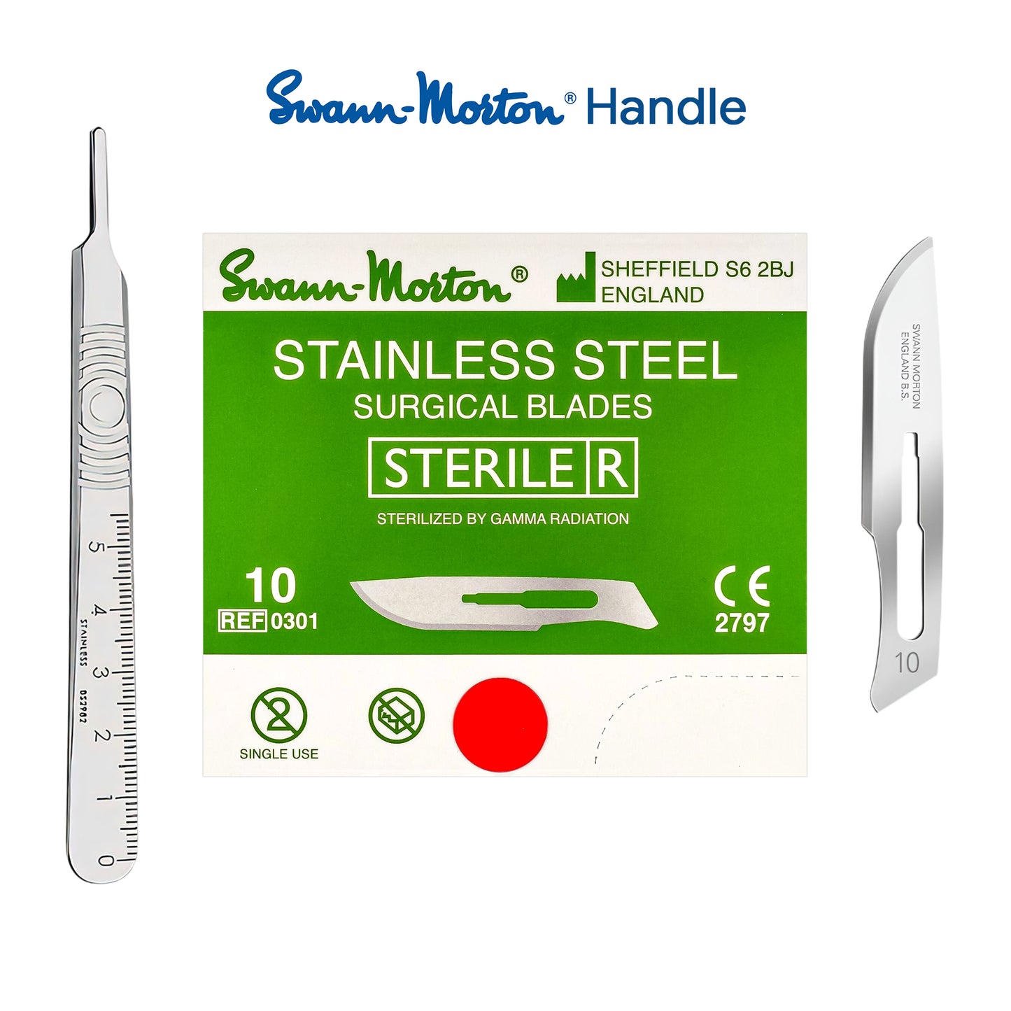 Swann-Morton sterile stainless steel surgical blades shown with their green retail box on a white background. The set includes a scalpel, two curved blade instruments, and a ruler printed on the box, with the Swann-Morton Handle branding at the top.