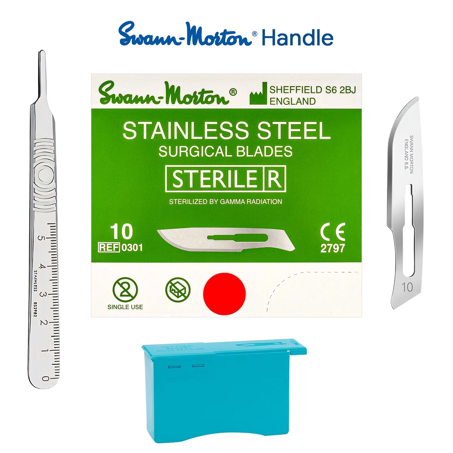 Swann-Morton brand stainless steel surgical blades set with a green and white sterile package box, a blue sterile storage container, and two metal blades shown on either side, on a plain white background.