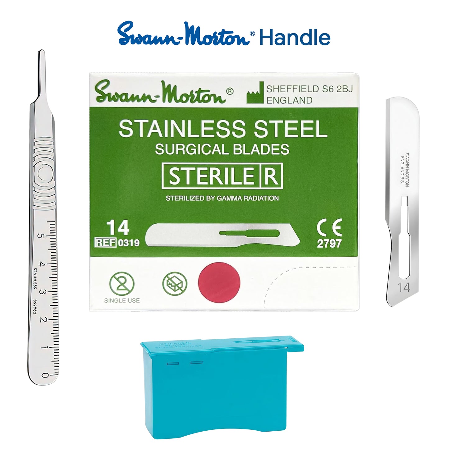 Swann-Morton stainless steel surgical blades set with a green and white sterile package, two silver scalpel blades, and a blue storage container on a white background.