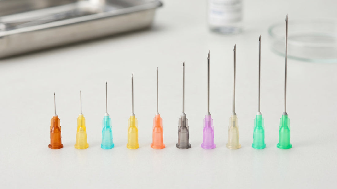 Terumo needles displayed by colour and gauge size in a global sizing guide