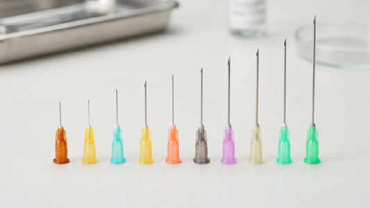 Terumo needles displayed by colour and gauge size in a global sizing guide