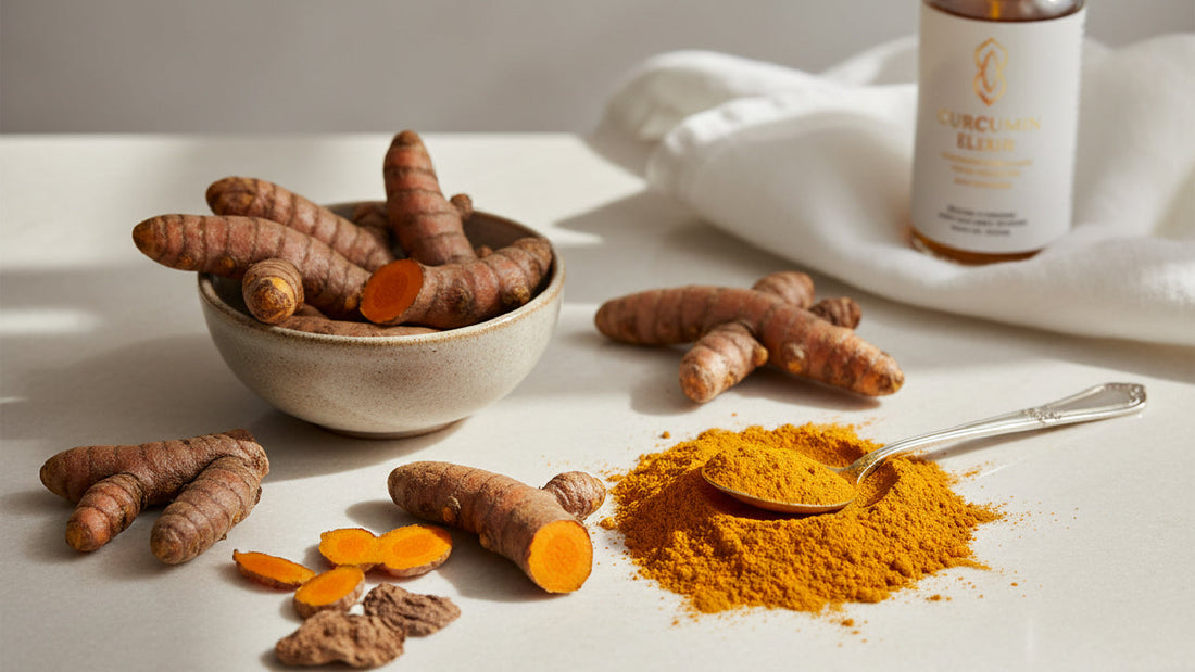 Natural skincare ingredients including turmeric, cucumber, orange, gram flour and saffron