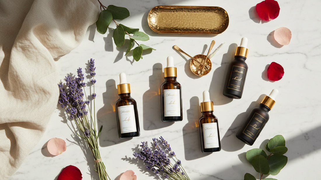 Essential oils for glowing skin, including tea tree, orange sweet, rosemary and lavender