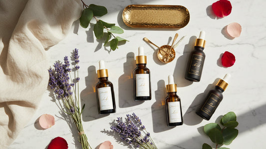 Essential oils for glowing skin, including tea tree, orange sweet, rosemary and lavender