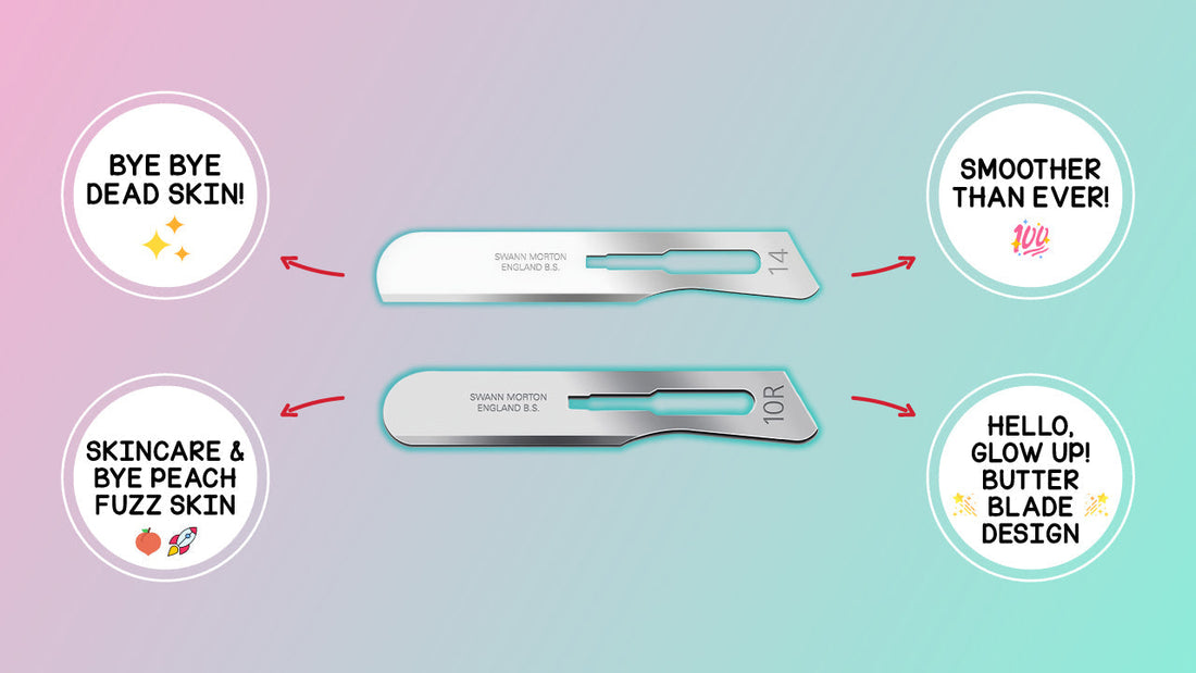 Swann Morton 10R and No.14 dermaplaning blades compared by material and edge design