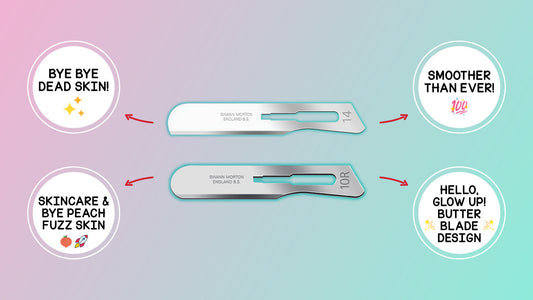 Swann Morton 10R and No.14 dermaplaning blades compared by material and edge design
