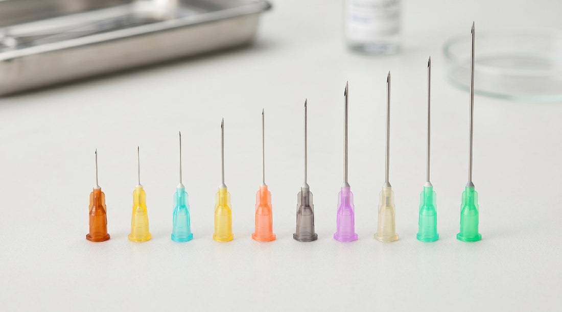 Beauty Mercado guide to Terumo Needle Gauges: High-resolution chart showing global color codes and needle thickness (G) for precision medical and beauty use.