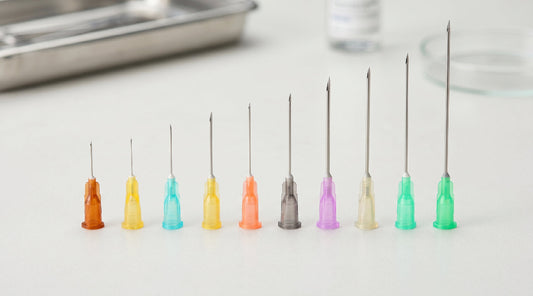 Beauty Mercado guide to Terumo Needle Gauges: High-resolution chart showing global color codes and needle thickness (G) for precision medical and beauty use.