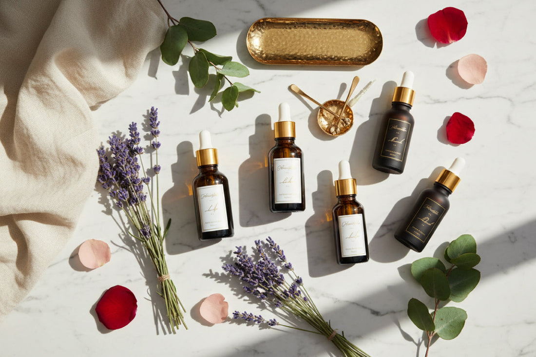 Essential oils for glowing skin — peppermint, tea tree, lavender and orange sweet oil bottles by Beauty Mercado