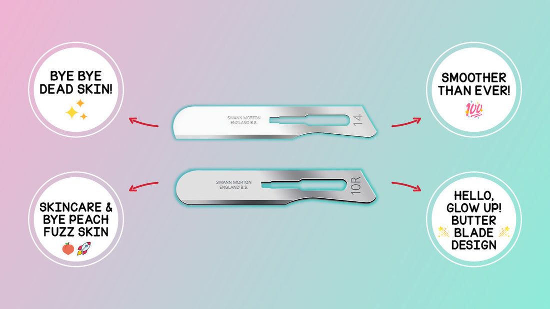 Comparison image of the rounded edge of the 10R "Butter Blade" versus the pointed tip of the No. 14 blade for professional use