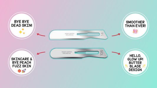 Comparison image of the rounded edge of the 10R "Butter Blade" versus the pointed tip of the No. 14 blade for professional use