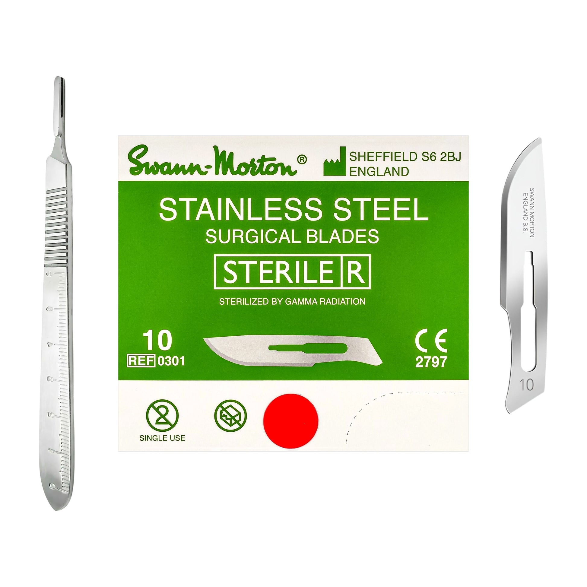 Swann-Morton stainless steel surgical blades shown with their green and white retail box on a plain white background. The box reads 'Stainless Steel Surgical Blades' and 'Sterile,' with two silver blade tools displayed vertically on either side.