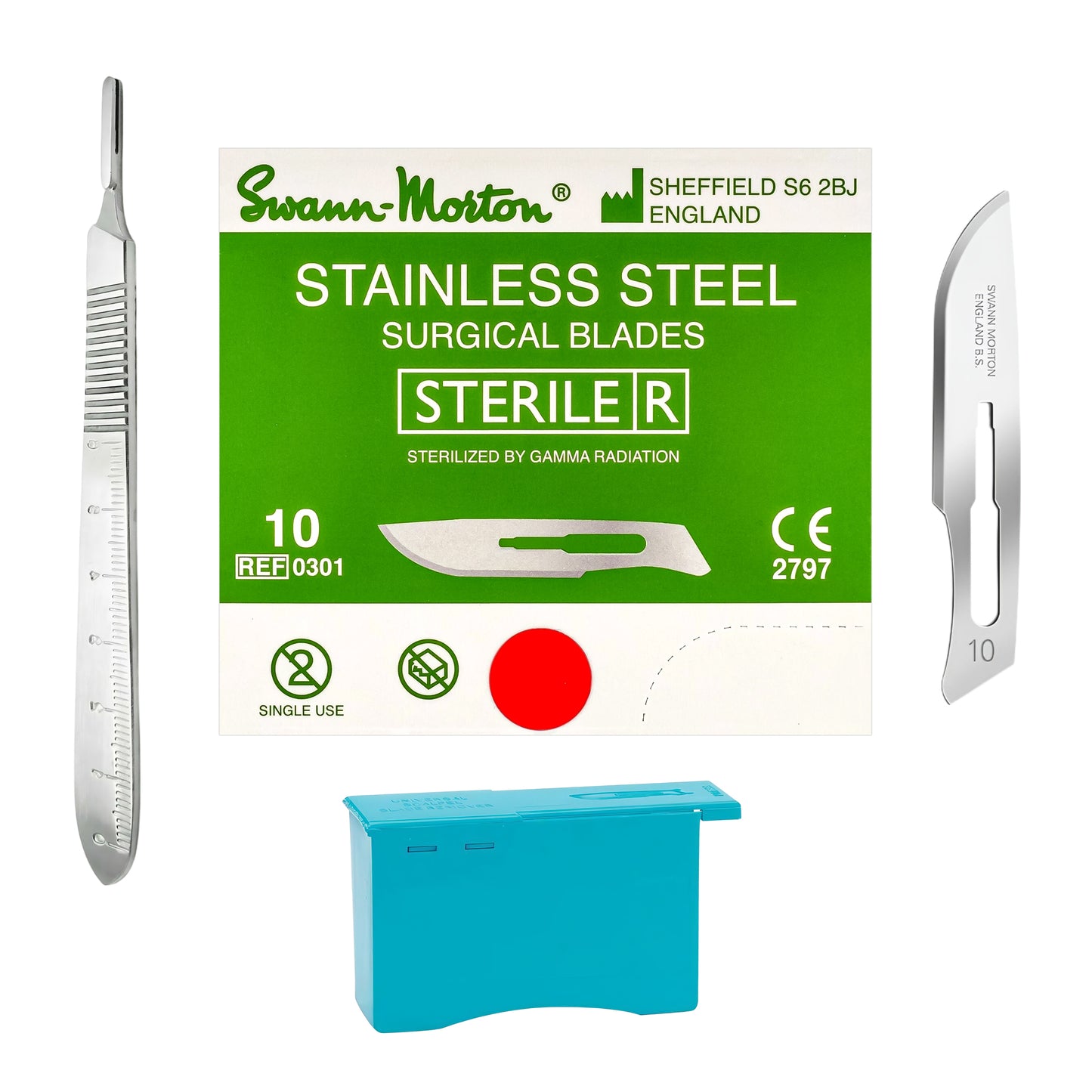 Swann-Morton stainless steel surgical blades set with a green and white sterile package, two silver scalpel blades, and a blue sterile storage container on a white background.