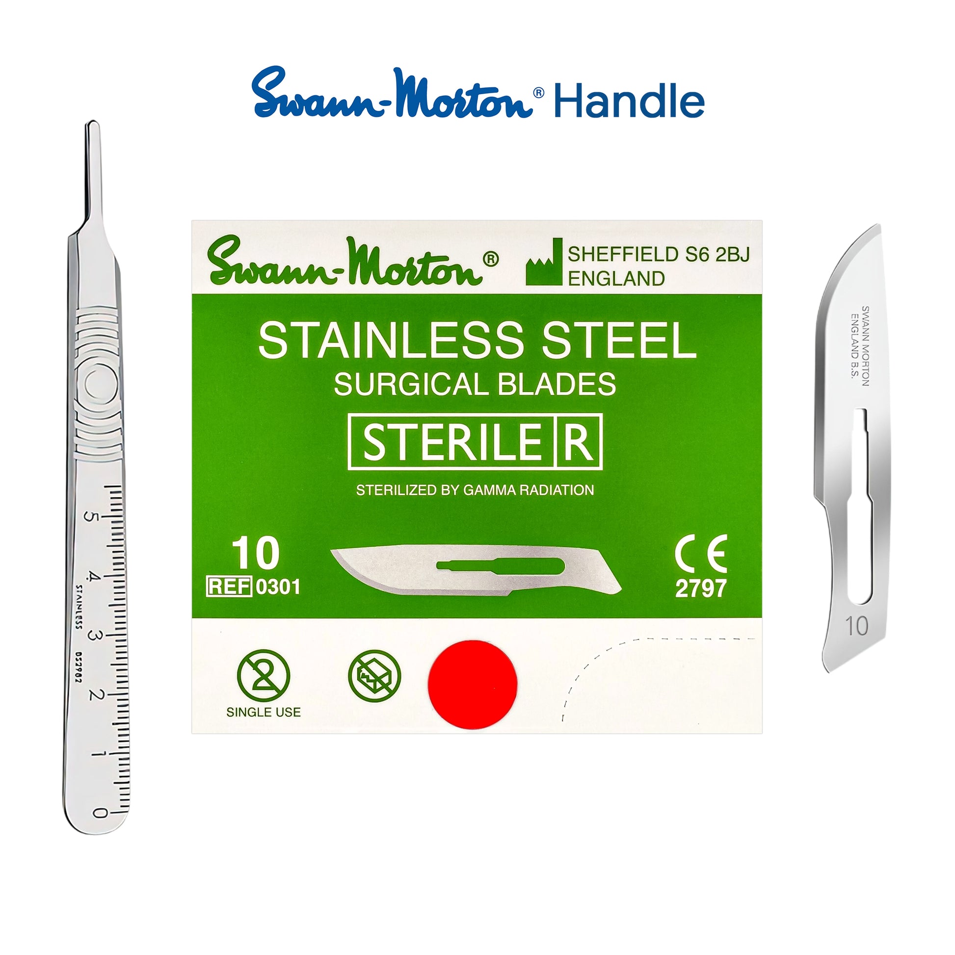 Swann-Morton sterile stainless steel surgical blades shown with their green retail box on a white background. The set includes a scalpel, two curved blade instruments, and a ruler printed on the box, with the Swann-Morton Handle branding at the top.