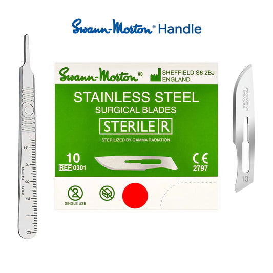 Swann-Morton sterile stainless steel surgical blades shown with their green retail box on a white background. The set includes a scalpel, two curved blade instruments, and a ruler printed on the box, with the Swann-Morton Handle branding at the top.