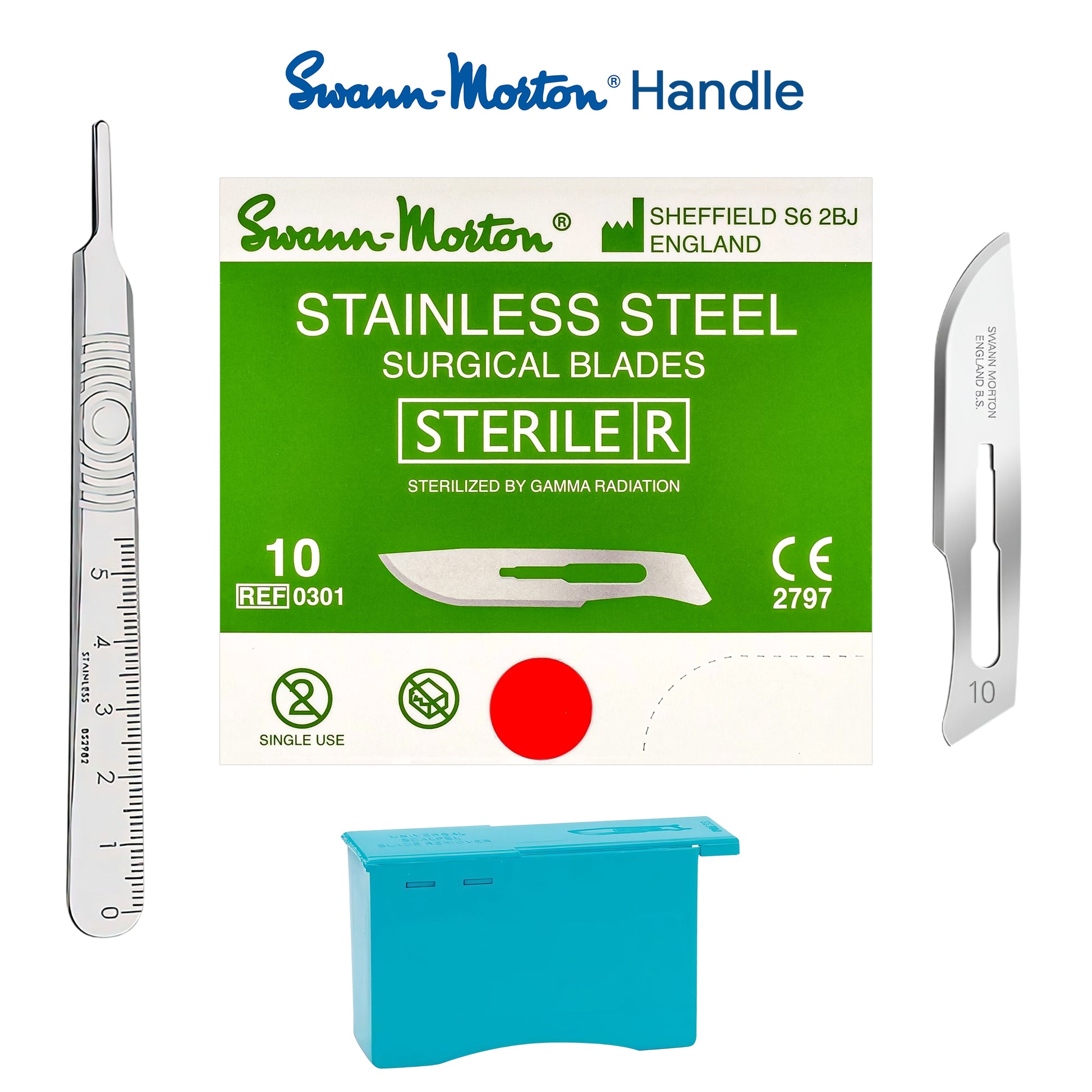 Swann-Morton brand stainless steel surgical blades set with a green and white sterile package box, a blue sterile storage container, and two metal blades shown on either side, on a plain white background.