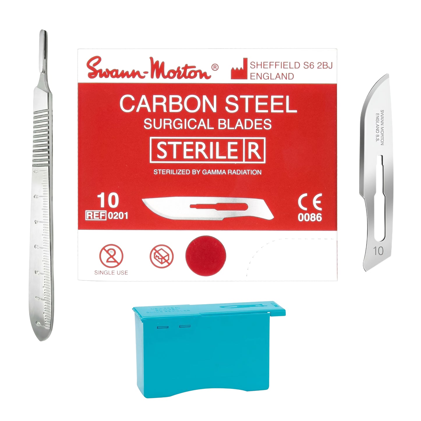 Swann-Morton carbon steel surgical blades with packaging on a white background