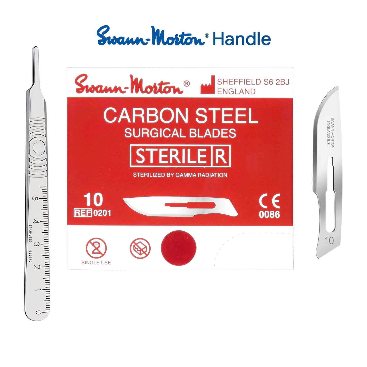 Swann-Morton carbon steel surgical blades packaging with two blades on a white background
