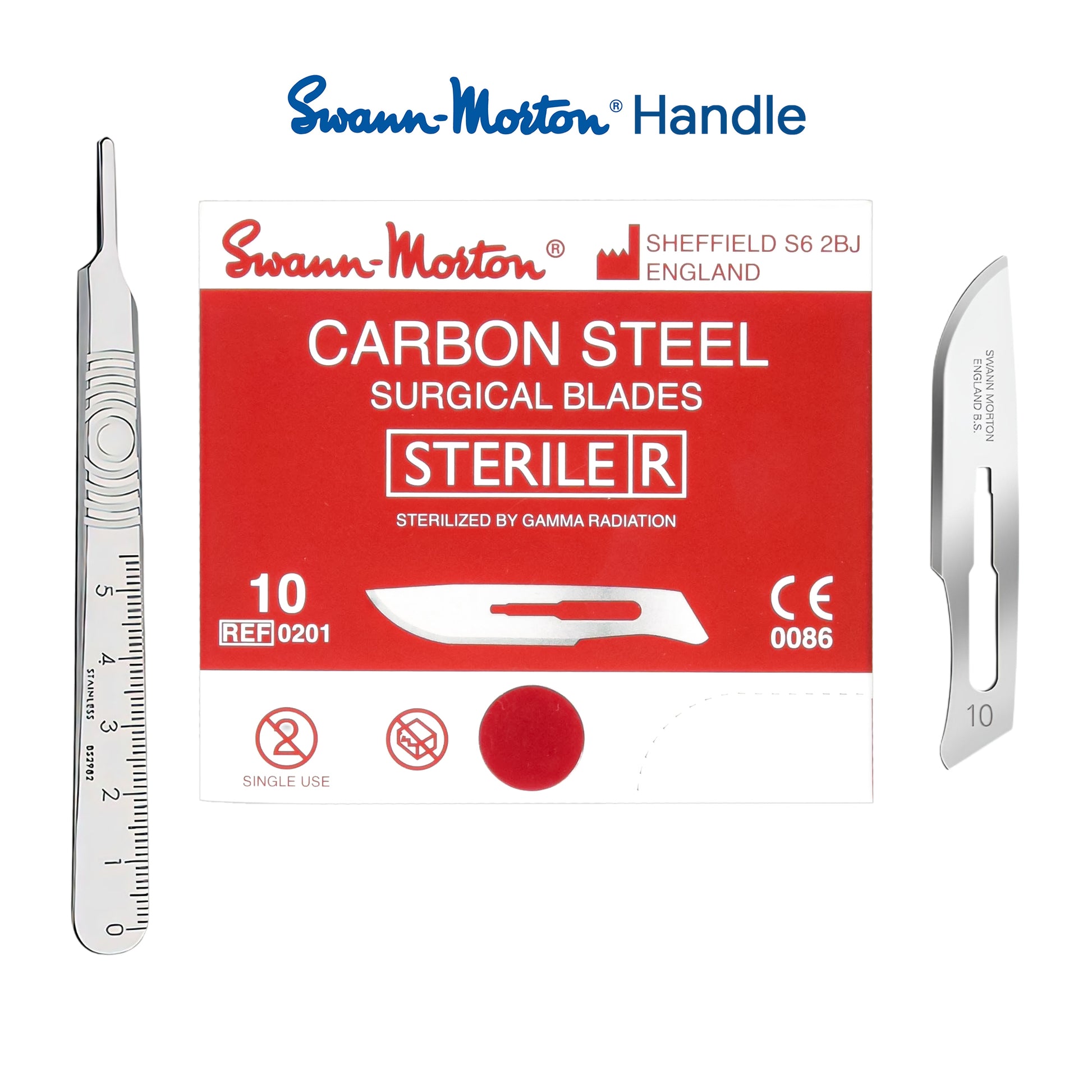 Swann-Morton carbon steel surgical blades packaging with two blades on a white background