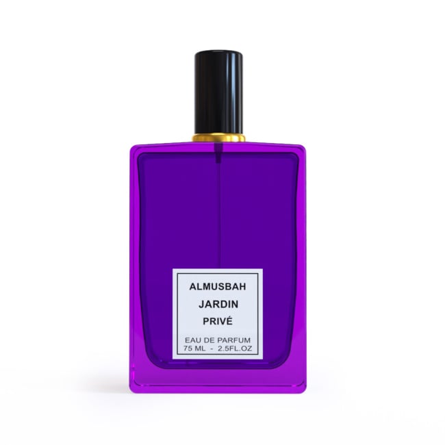 Purple perfume bottle with black cap on a white background almusbah jardin prive