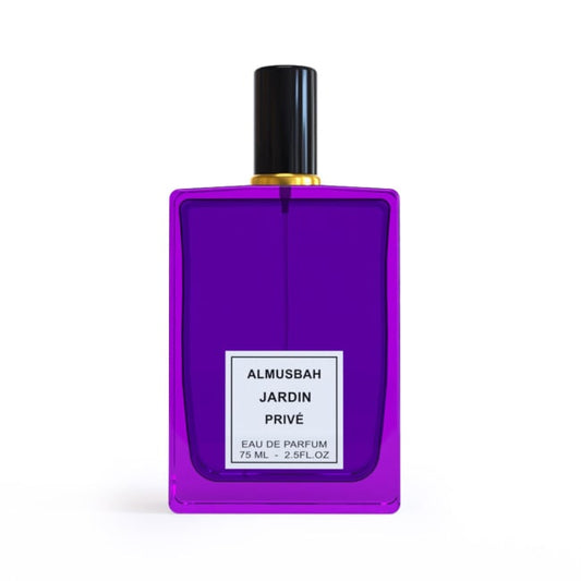Purple perfume bottle with black cap on a white background almusbah jardin prive