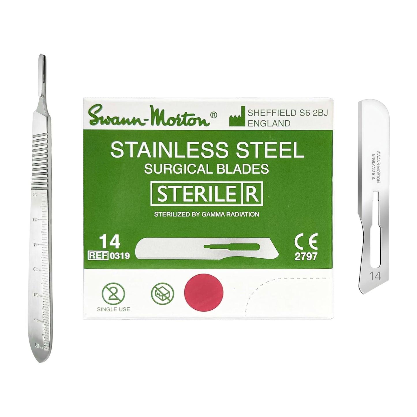 Swann-Morton stainless steel surgical blades shown with their green and white retail box on a plain white background. The box reads 'STERILE' and indicates size 14 blades.