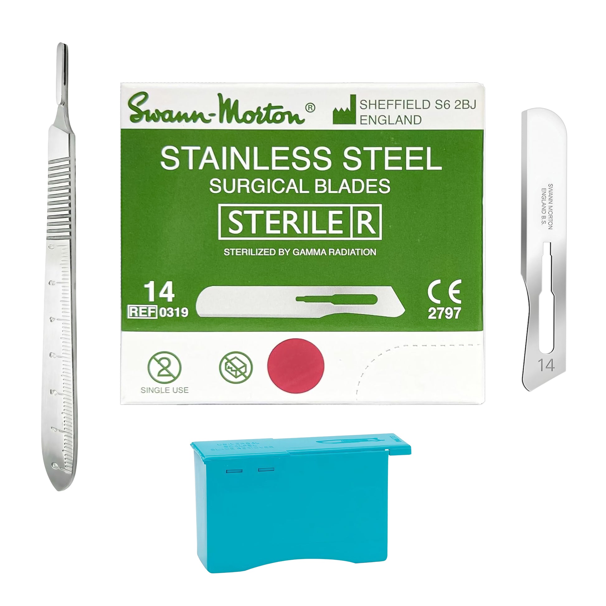 Swann Morton sterile stainless steel surgical blades set with a green and white box, two silver metal blades, and a blue sterile storage container on a white background.