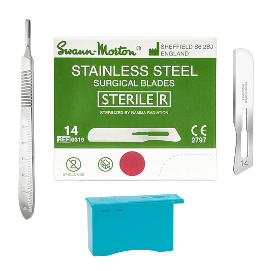 Swann Morton sterile stainless steel surgical blades set with a green and white box, two silver metal blades, and a blue sterile storage container on a white background.
