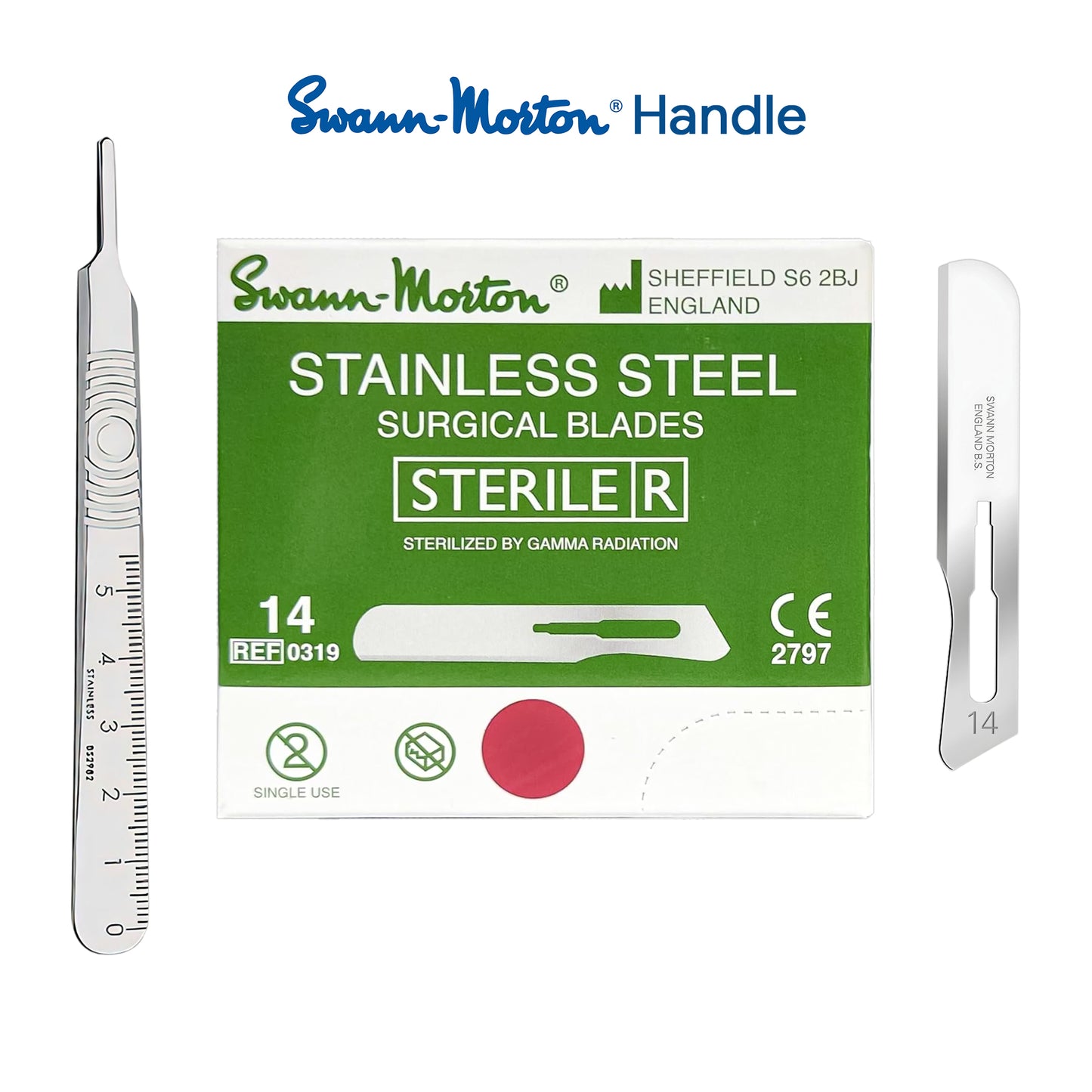 Swann-Morton sterile stainless steel surgical blades set, showing the green and white retail box in the center with two silver metal blades on either side, plus the blue Swann-Morton Handle text at the top.