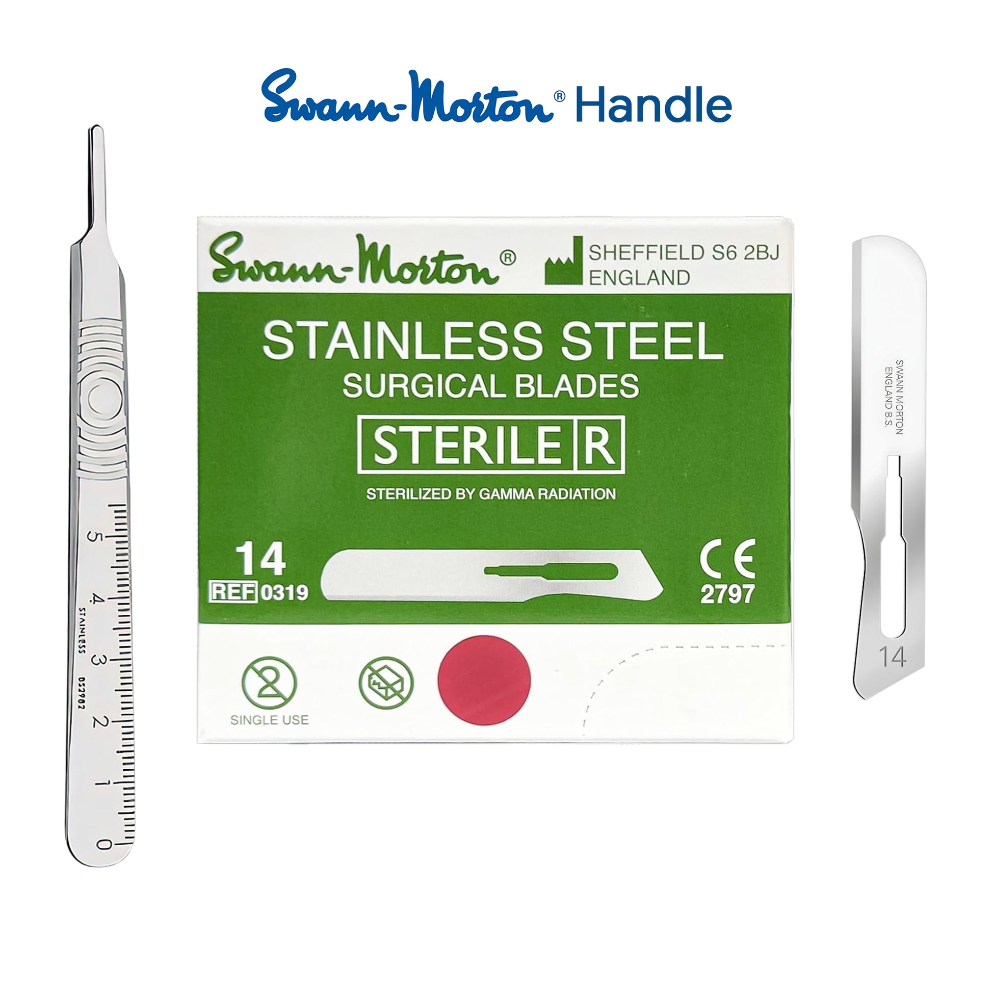 Swann-Morton sterile stainless steel surgical blades set, showing the green and white retail box in the center with two silver metal blades on either side, plus the blue Swann-Morton Handle text at the top.