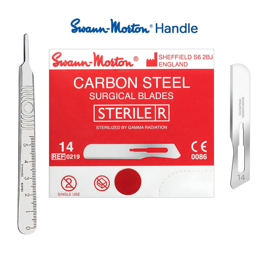 Swann-Morton carbon steel surgical blades with packaging on a white background