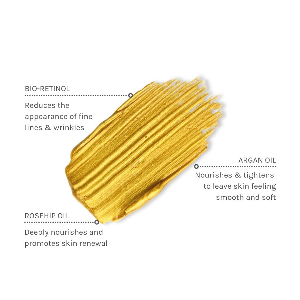 Gold oil smear with text describing ingredients and their benefits on a white background