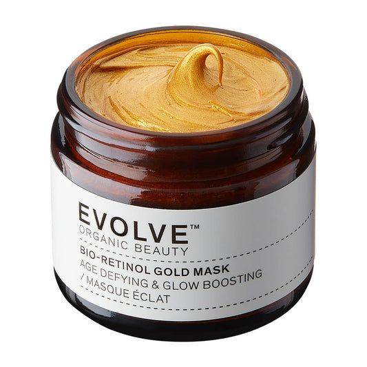 Evolve Organic Beauty Bio-Retinol Gold Mask in a brown jar on a white background