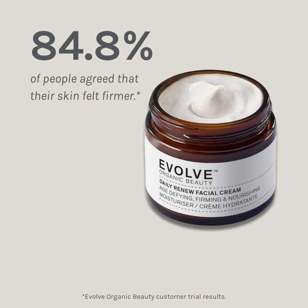 Evolve Organic Beauty daily renew facial cream jar with text on a light gray background