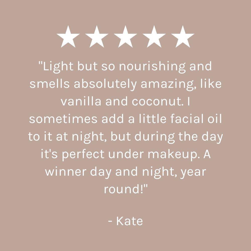 Five-star review with a quote on a beige background