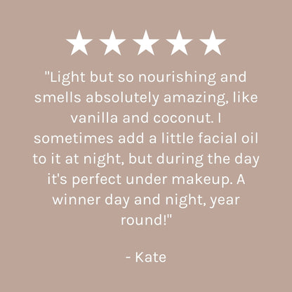 Five-star review with a quote on a beige background