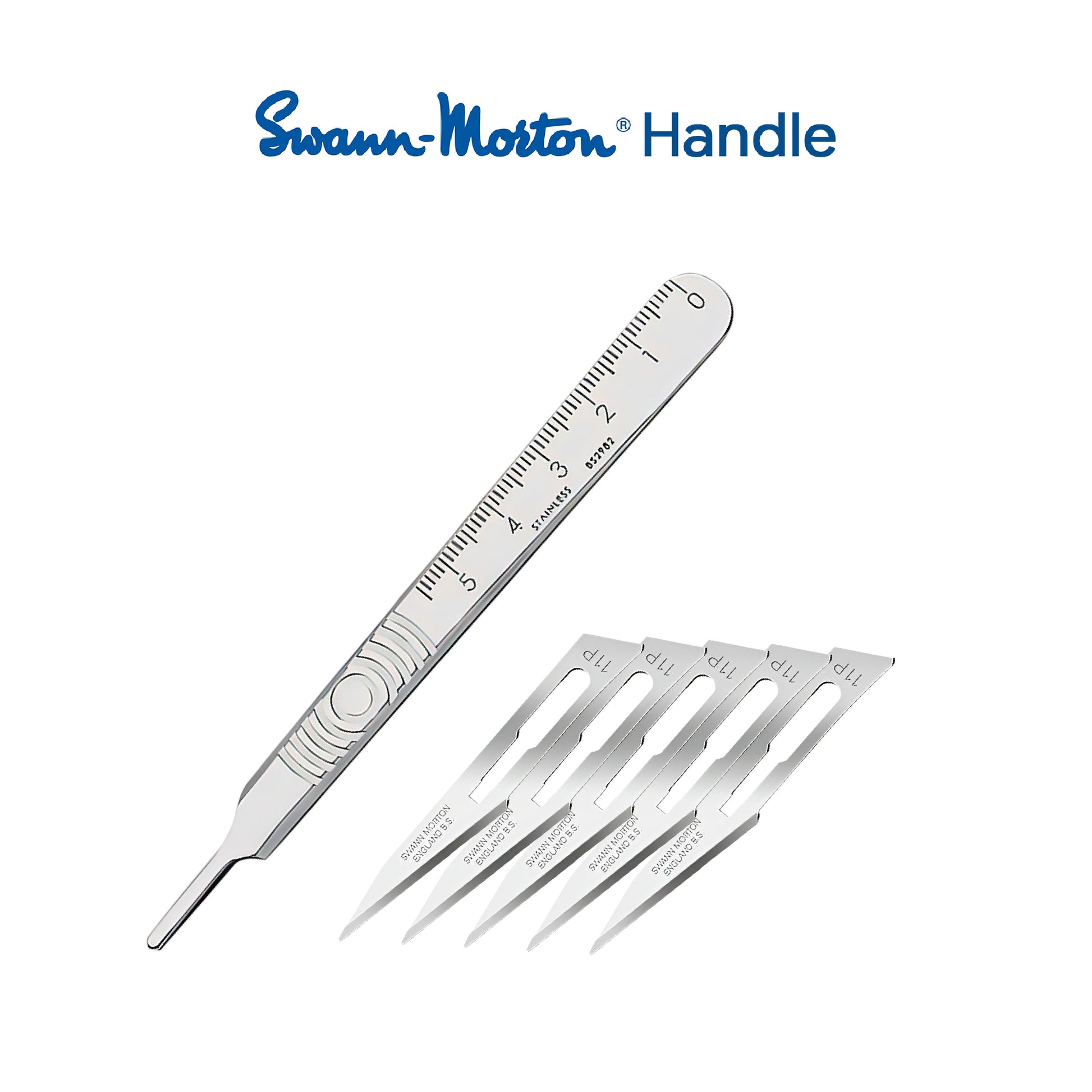 Professional stainless steel reusable No 3 scalpel handle shown with genuine Swann Morton No 11P carbon steel non-sterile blades in foil packaging.