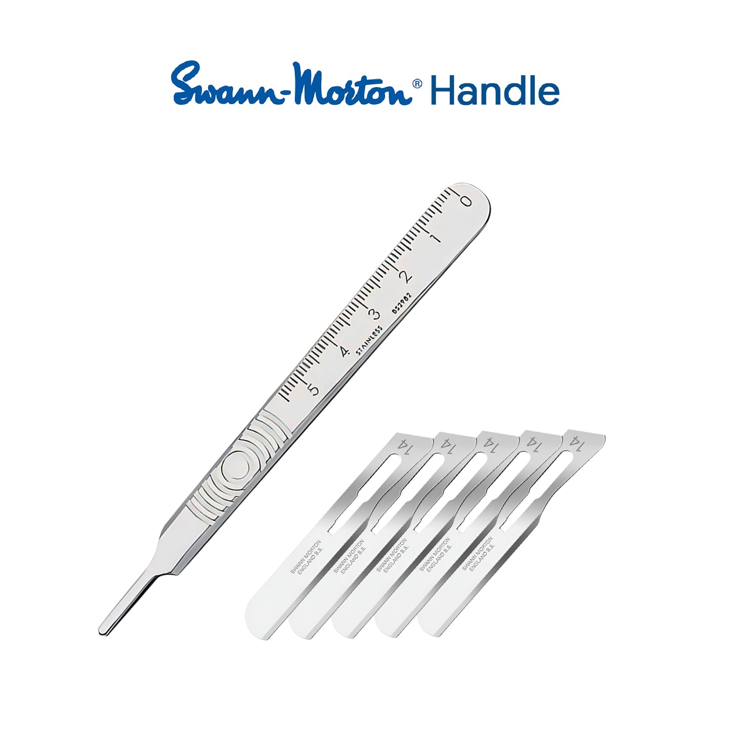 Professional stainless steel reusable No 3 scalpel handle shown with genuine Swann Morton No 14 curved carbon steel non-sterile blades in foil packaging.