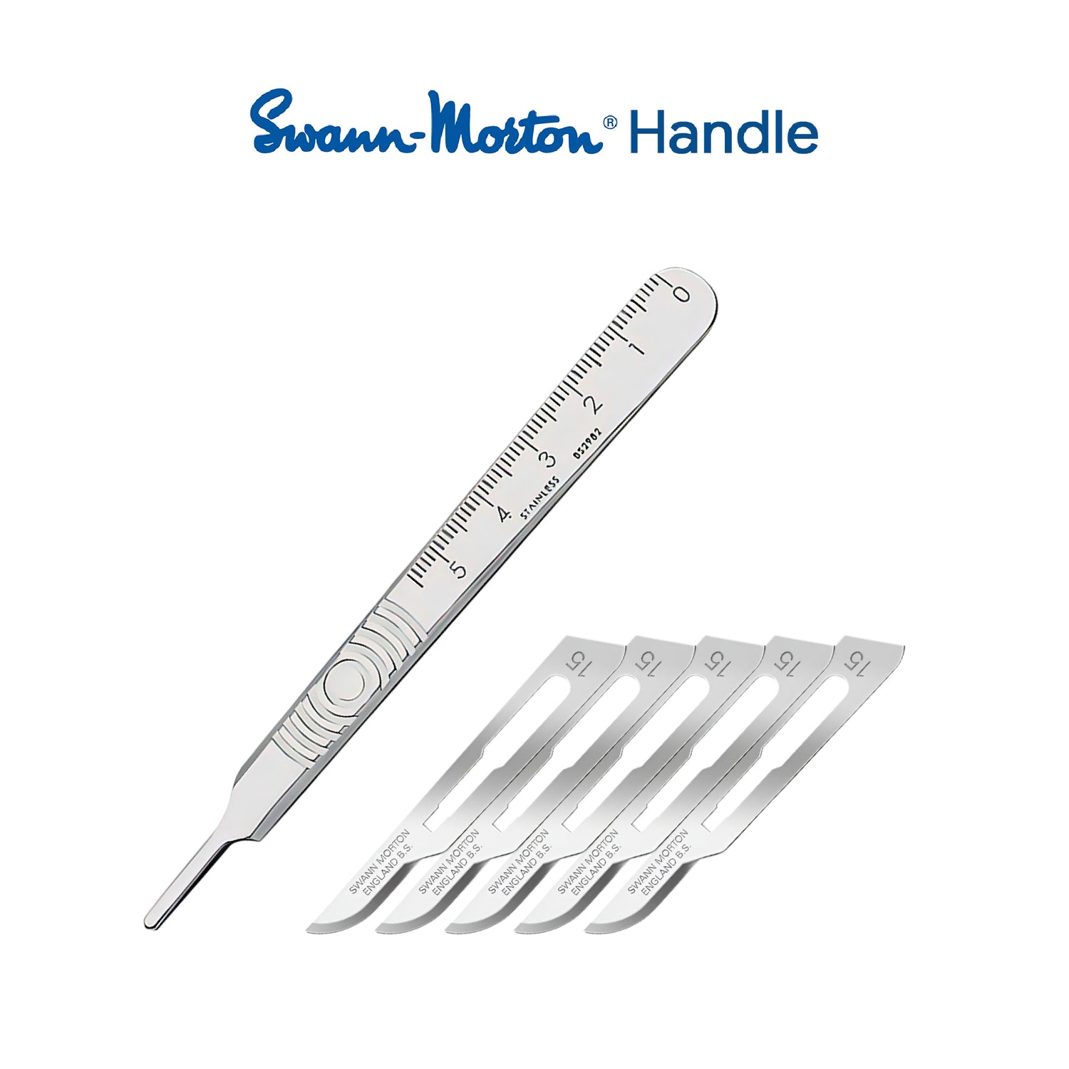 Authentic stainless steel reusable No 3 scalpel handle shown with genuine Swann Morton No 15 ultra-fine curved carbon steel non-sterile blades.