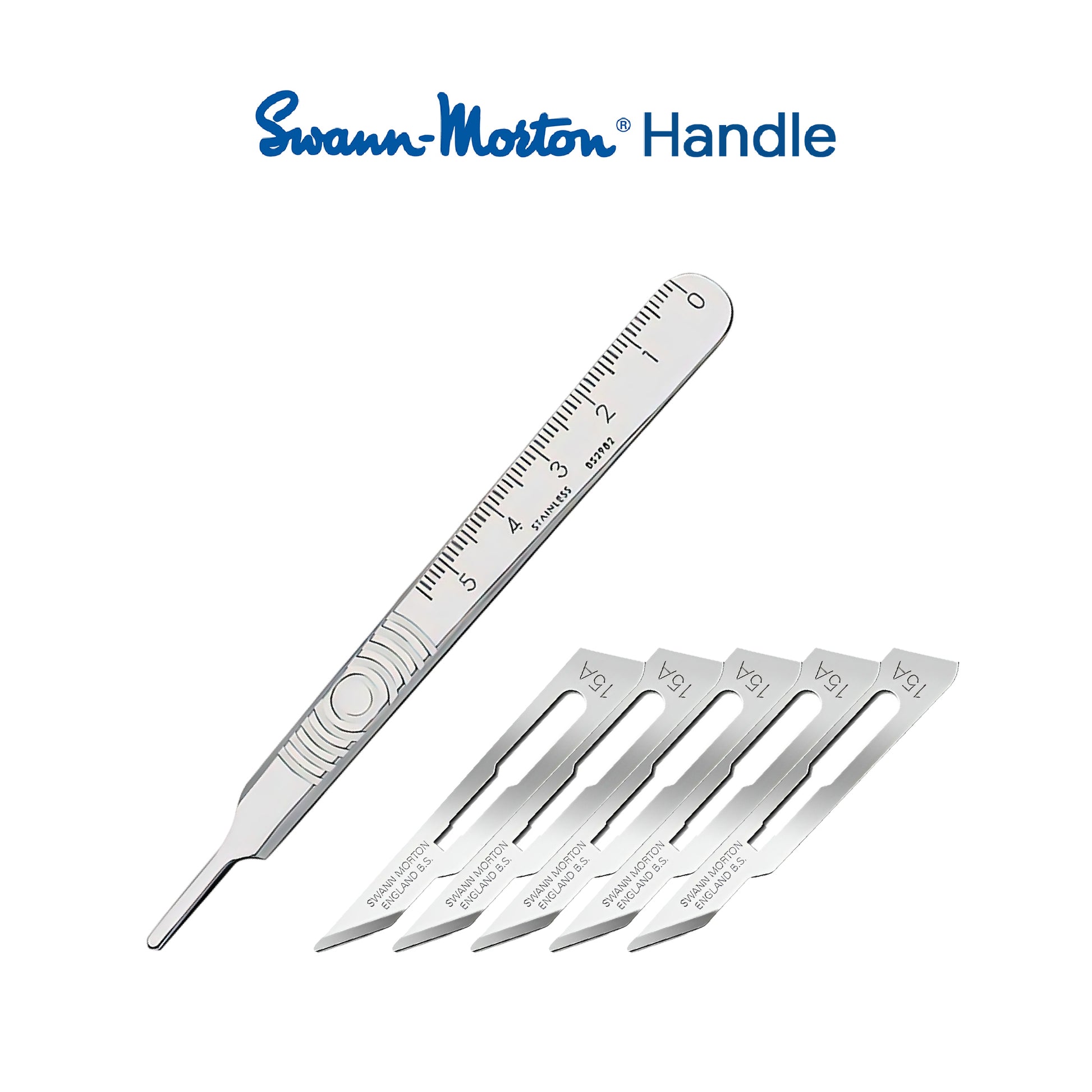 Professional stainless steel reusable No 3 scalpel handle shown with genuine Swann Morton No 15A short straight angled carbon steel non-sterile blades.
