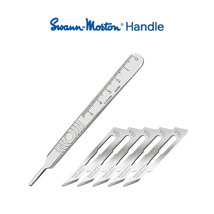 Professional stainless steel reusable No 3 scalpel handle shown with genuine Swann Morton No 15A short straight angled carbon steel non-sterile blades.