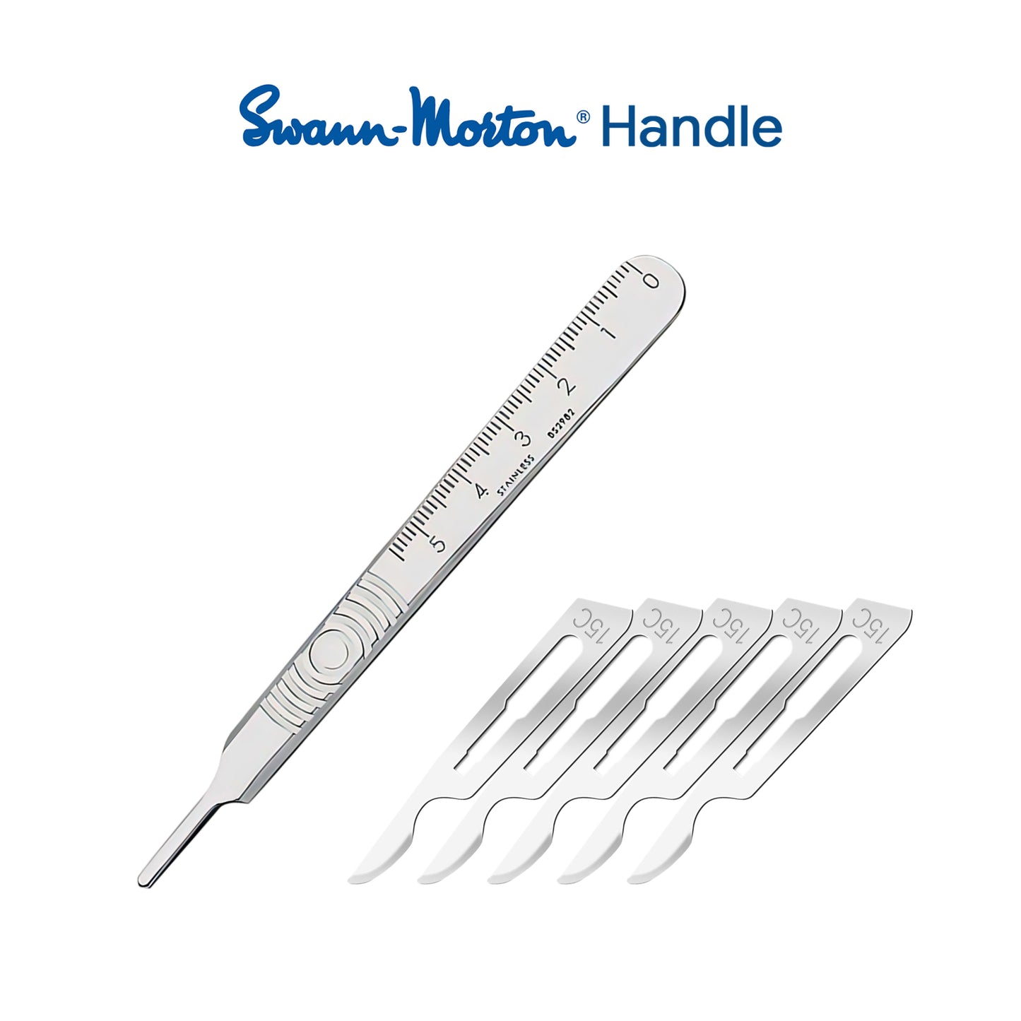 Professional stainless steel reusable No 3 scalpel handle shown with genuine Swann Morton No 15C elongated dental micro-precision blades.