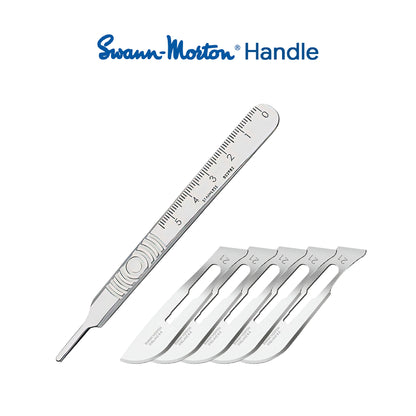 Professional heavy-duty stainless steel reusable No 4 scalpel handle shown with genuine Swann Morton No 21 large curved carbon steel non-sterile blades.