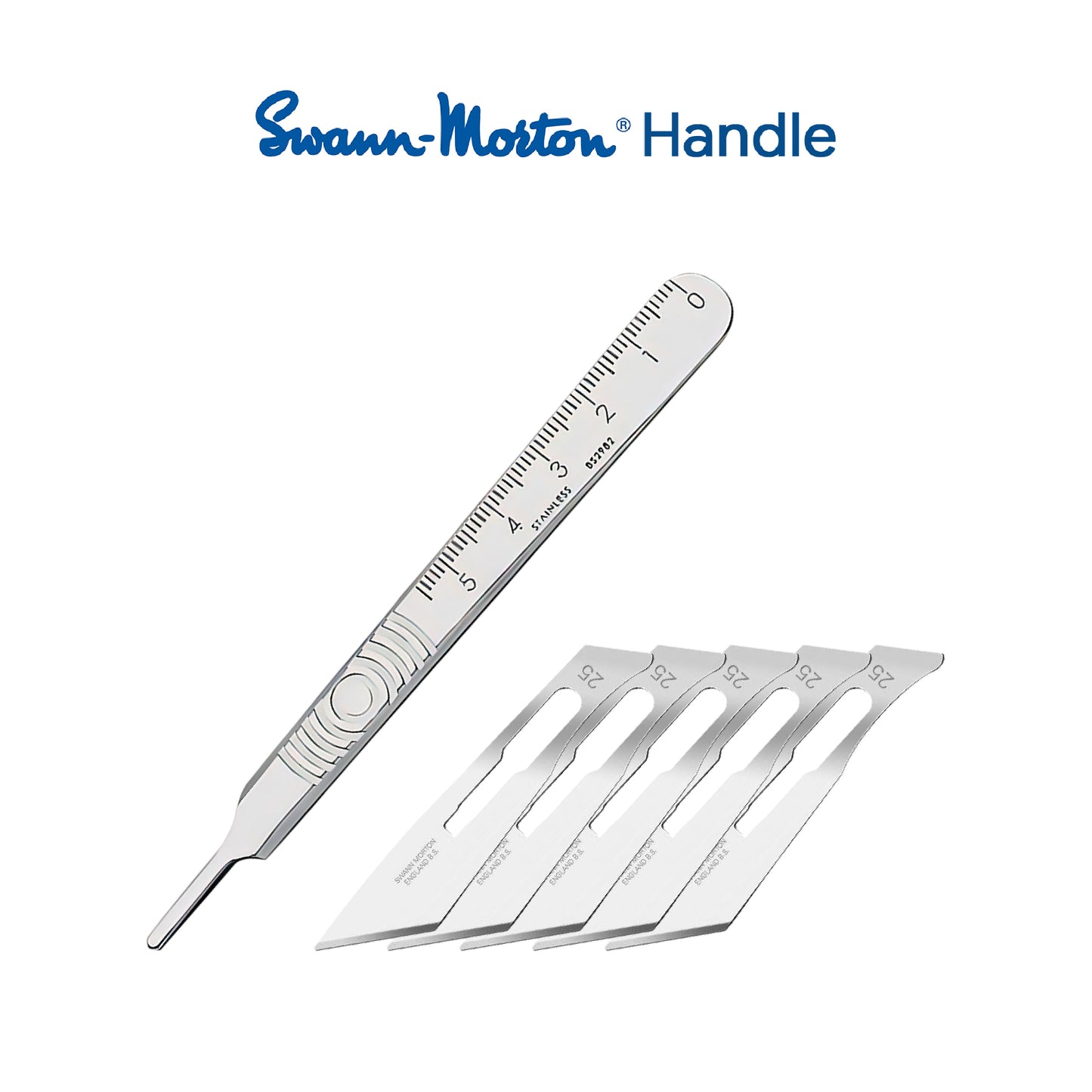 Authentic heavy-duty stainless steel No 4 scalpel handle shown with genuine Swann Morton No 25 large angled carbon steel non-sterile blades.