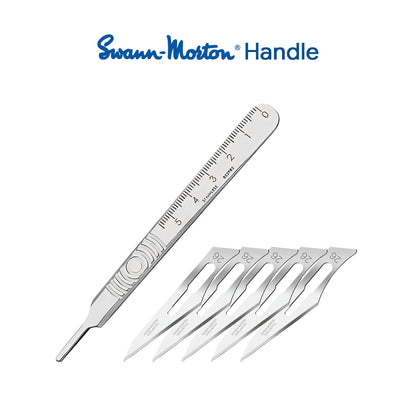 Professional heavy-duty stainless steel reusable No 4 scalpel handle shown with genuine Swann Morton No 26 large straight angled carbon steel non-sterile blades.