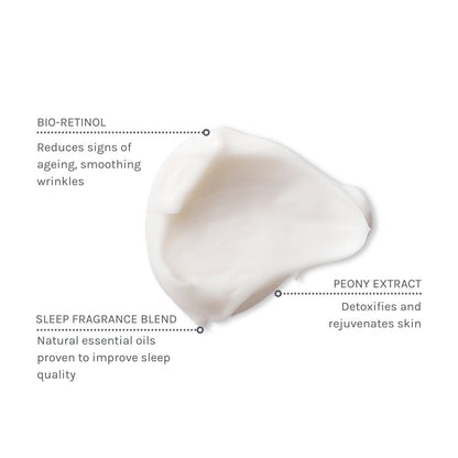Skincare product with text highlighting bio-retinol, peony extract, and sleep fragrance blend on a white background