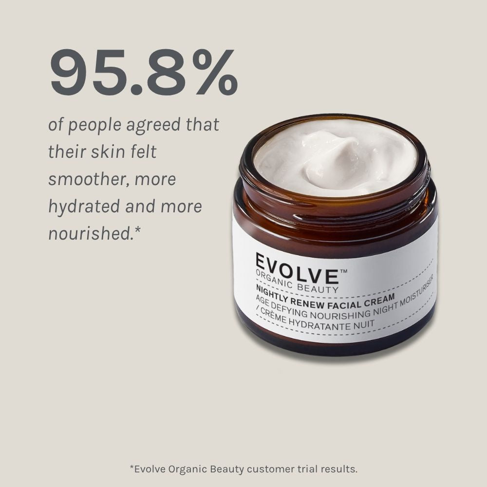 Evolve Organic Beauty facial cream jar with text on a light gray background