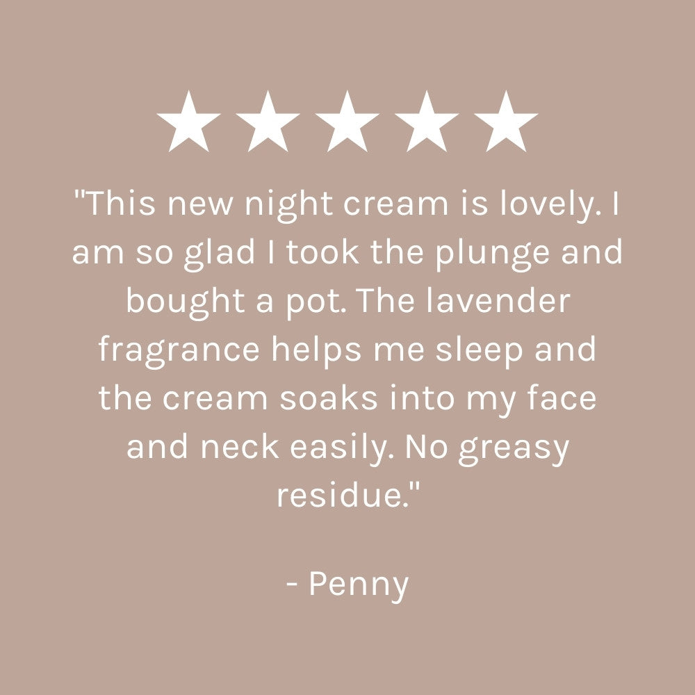 Five-star rating with a review text on a beige background