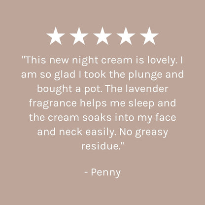Five-star rating with a review text on a beige background
