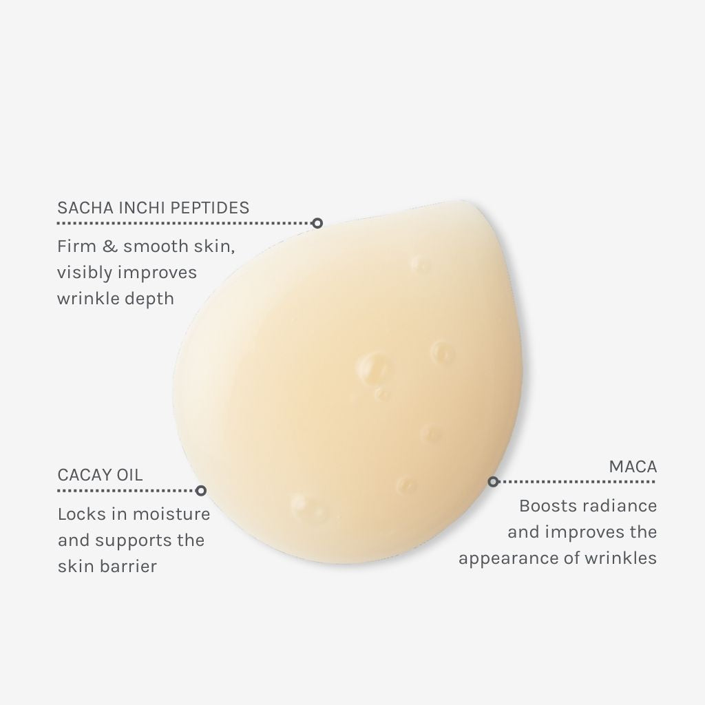 Cosmetic cream with text highlighting ingredients and their benefits on a white background